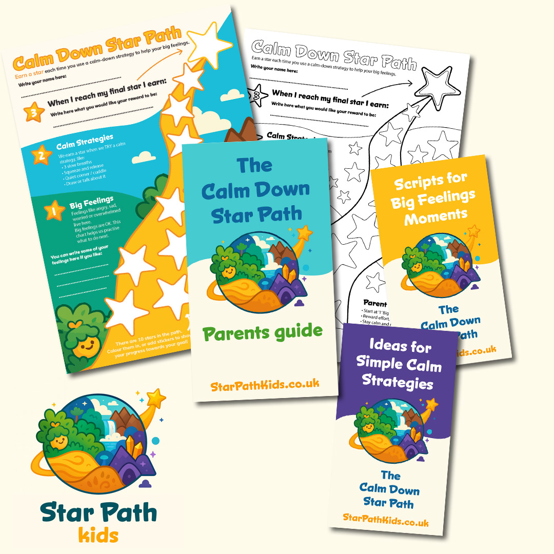 Calm Down Star Path printable chart and guides laid out on a desk